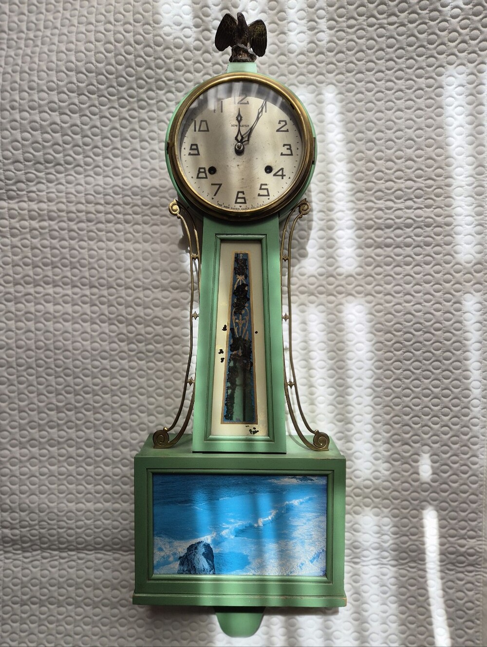 Antique New Haven Whitney Banjo Wall Clock Green Case Vintage w/ Original Keys